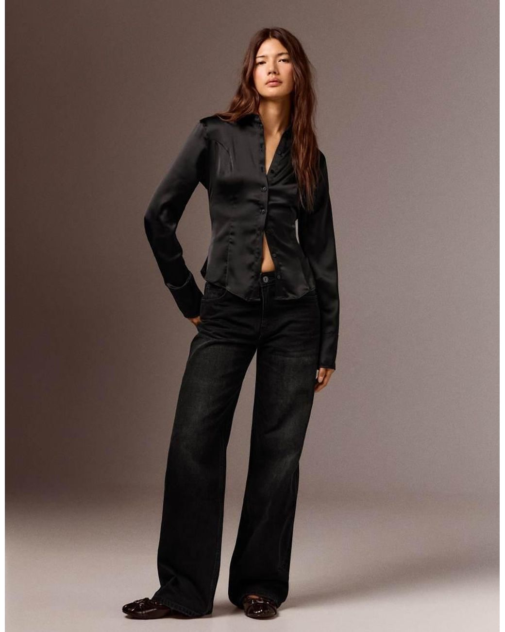 Bershka Brown Fitted Long Sleeve Sateen Shirt