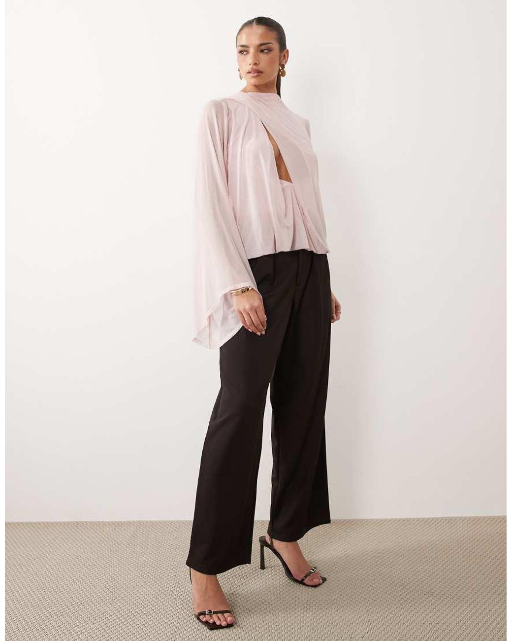 ASOS Pink Mesh Cowl Drape Blouson Mesh Top