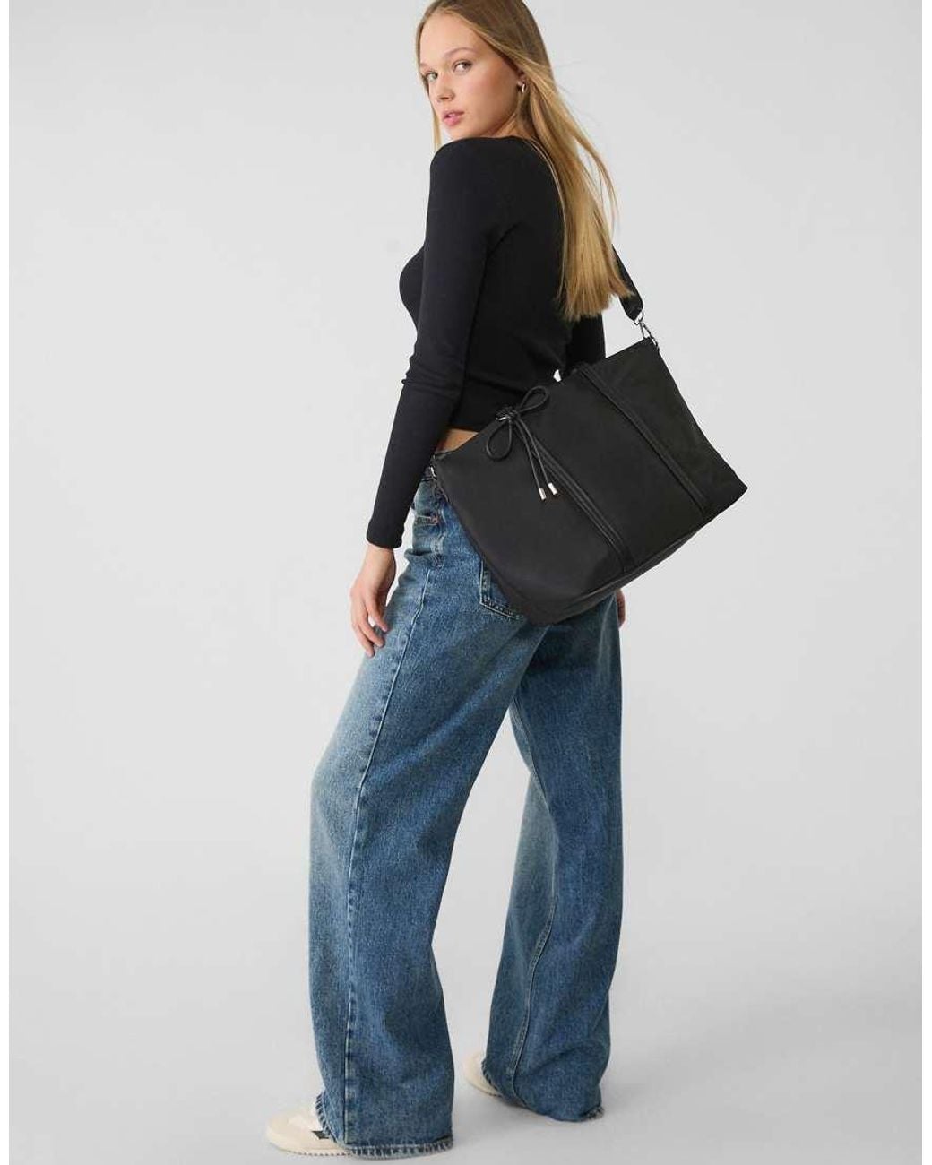 Stradivarius Black Fabric Shopper Bag With Bow Detail