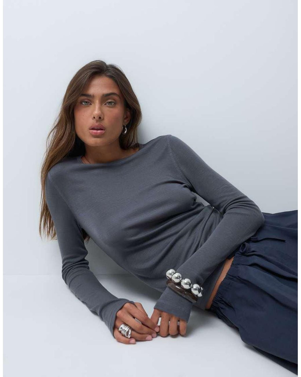 ASOS Gray Premium Crew Neck Long Sleeve Top