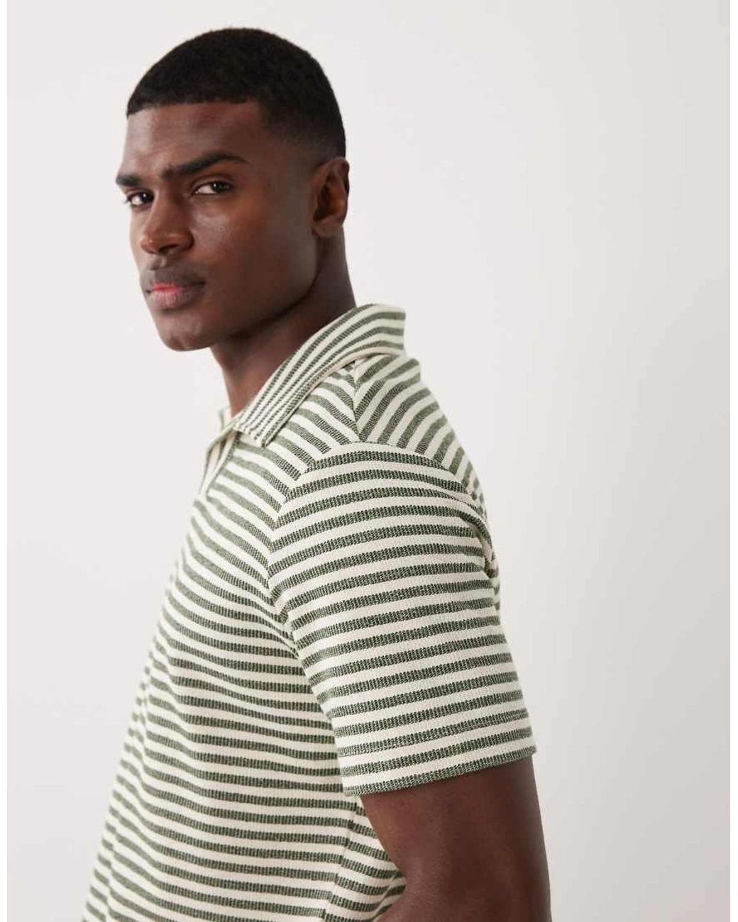 Mango Green Striped Camp Collar Knit T-shirt for men