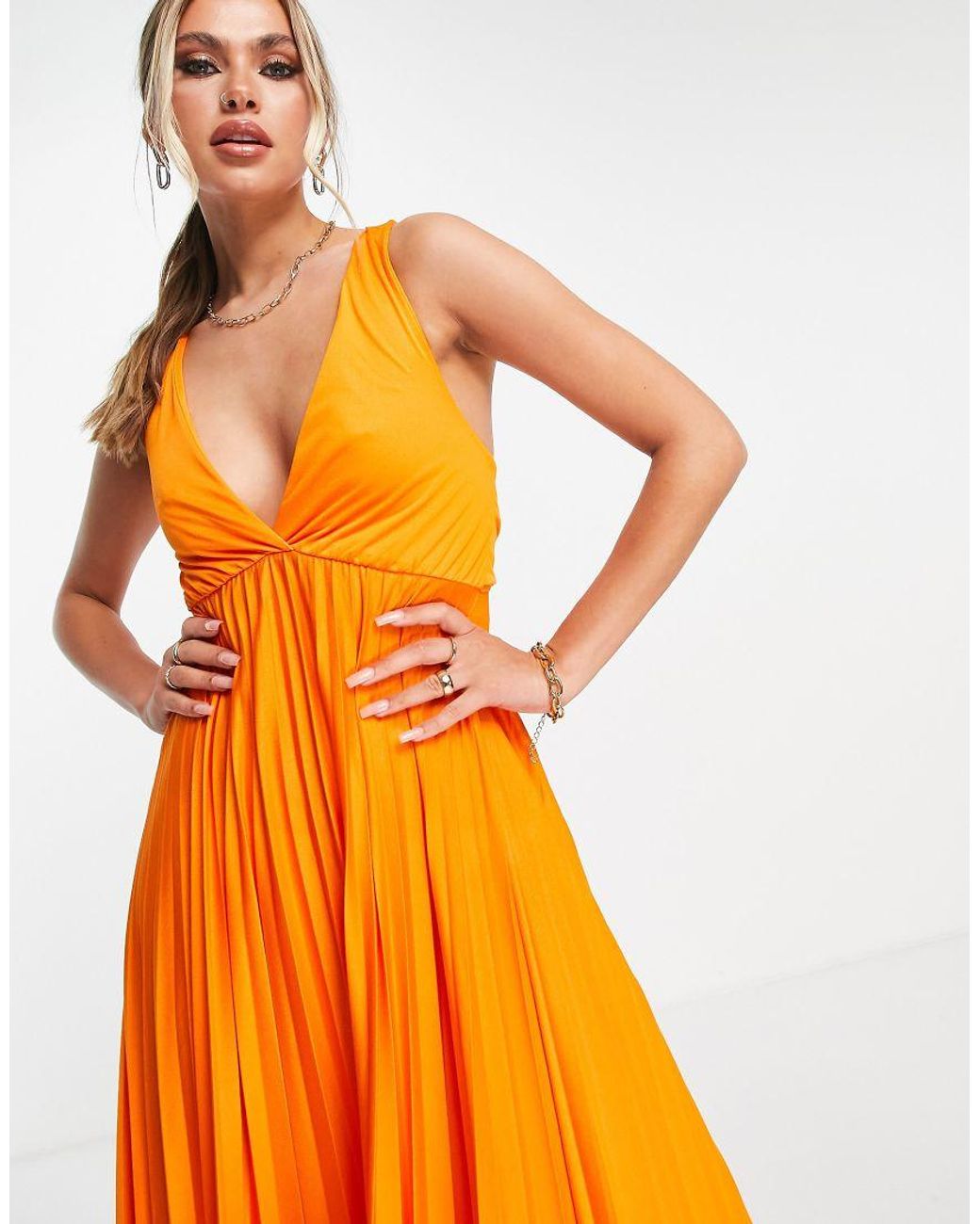 ASOS Orange Plunge Halter Cross Back Self Tie Pleated Maxi Dress