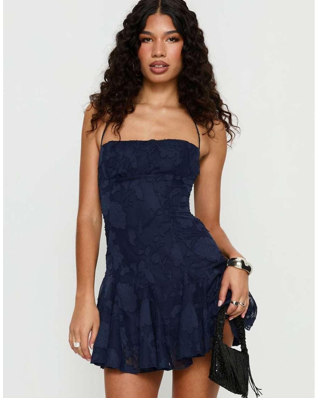 Princess Polly Blue Delamere Floral Burnout Thin Strap Halter Neck Pleat Detail Mini Dress