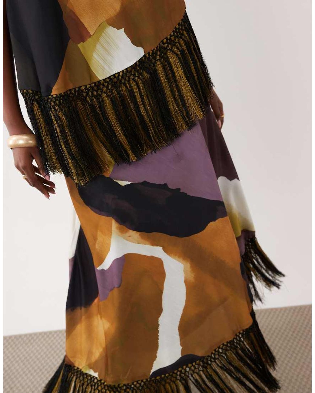 ASOS Multicolor Double Tier Layered Two Tone Fringe Satin Cami Maxi Dress