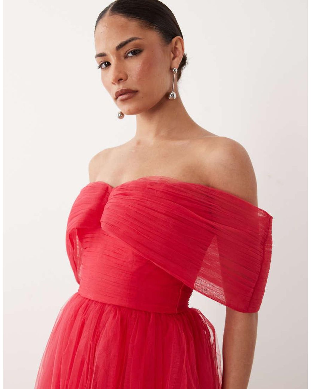 LACE & BEADS Red Off Shoulder Tulle Maxi Dress