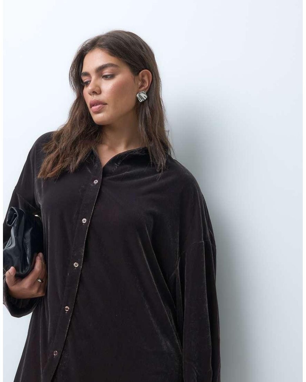 ASOS Black Asos Design Curve Velvet Oversized Shirt Mini Dress With Lace Hem