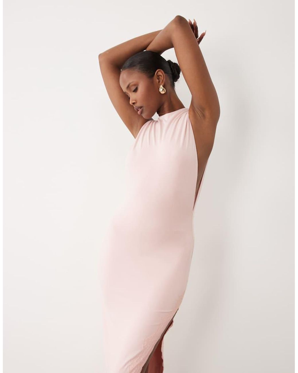 Oh Polly Natural Modal Halter Neck Open Back Detail Lace Trim Maxi Dress