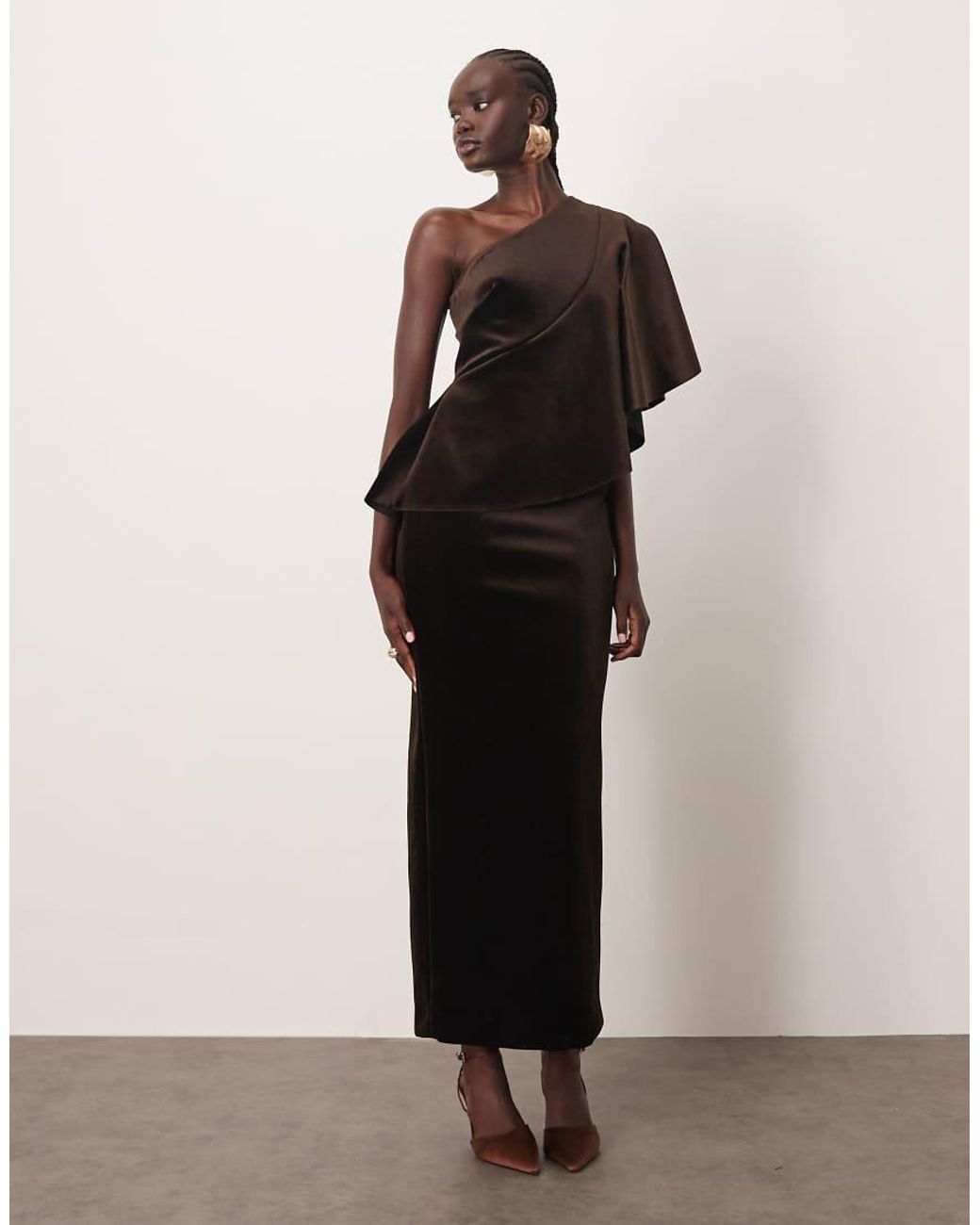 ARRANGE Natural One Shoulder Velvet Bodice Maxi Dress