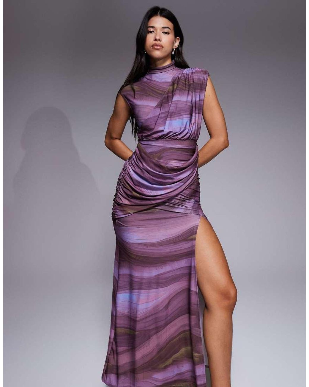 ASOS Purple Printed Maxi Dress With Drape Detail And Capped Sleeve