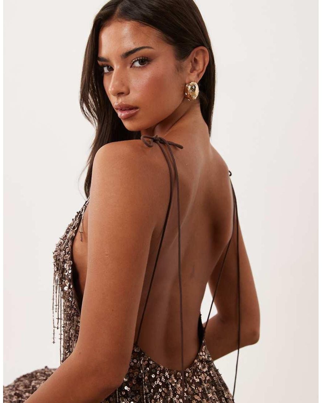 ASOS Brown Mixed Sequin Plunge Cami Maxi Dress