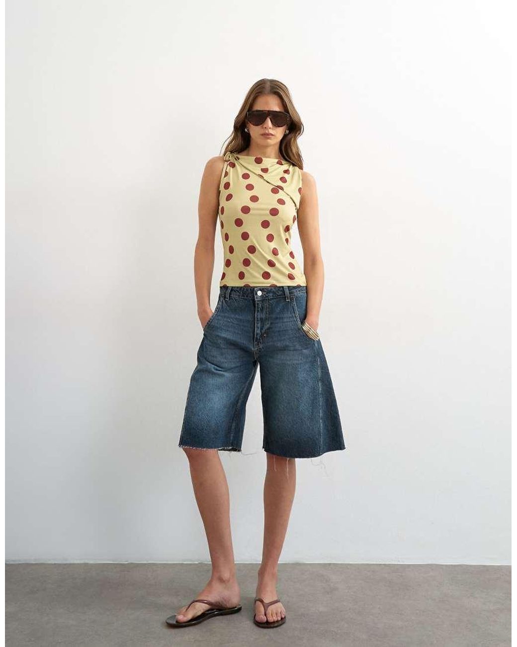 TOPSHOP Blue Polka Dot Microfibre Fold Over Tie Shoulder Top