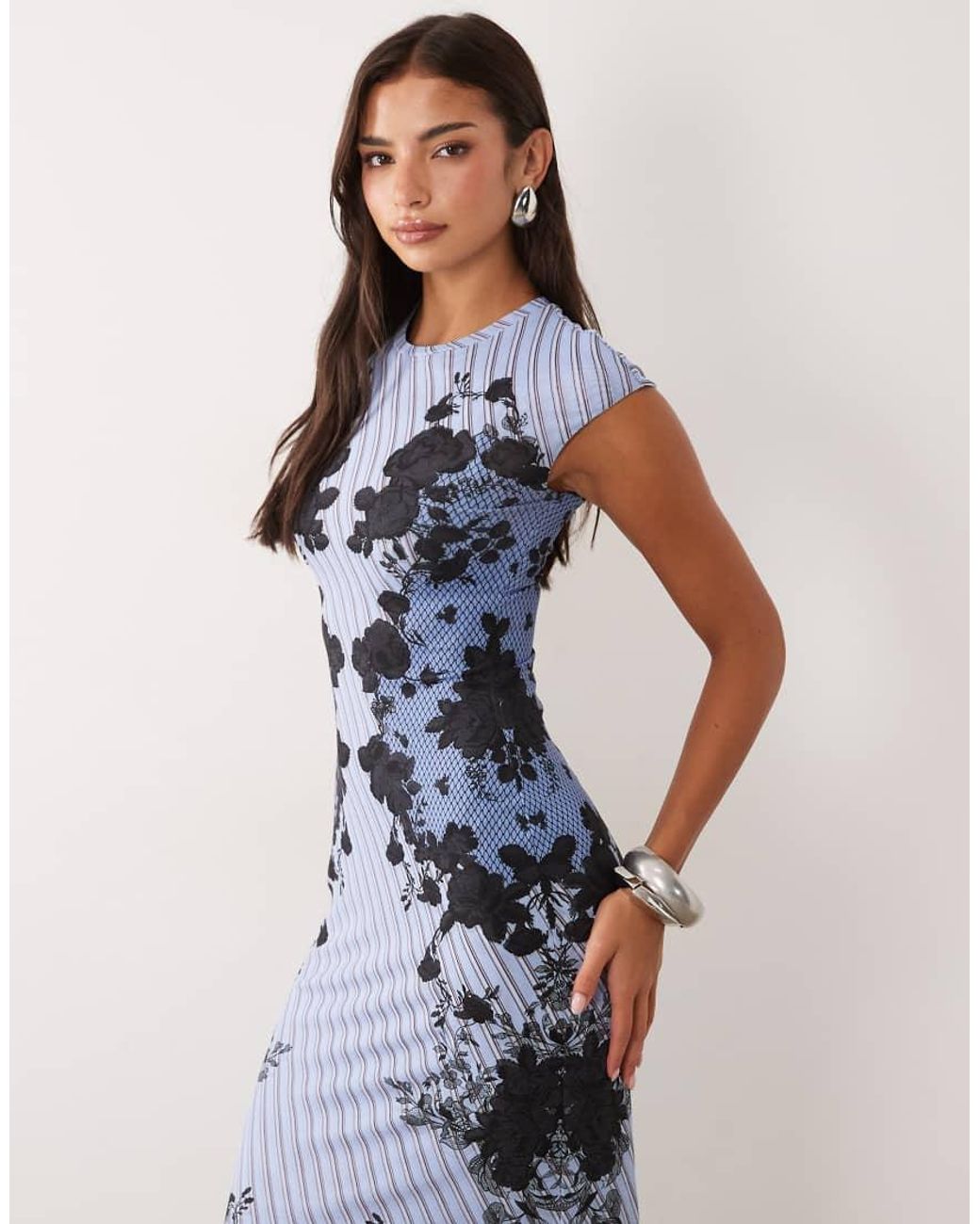 AFRM Blue Mylo Mesh Crew Neck Cap Sleeve Maxi Dress