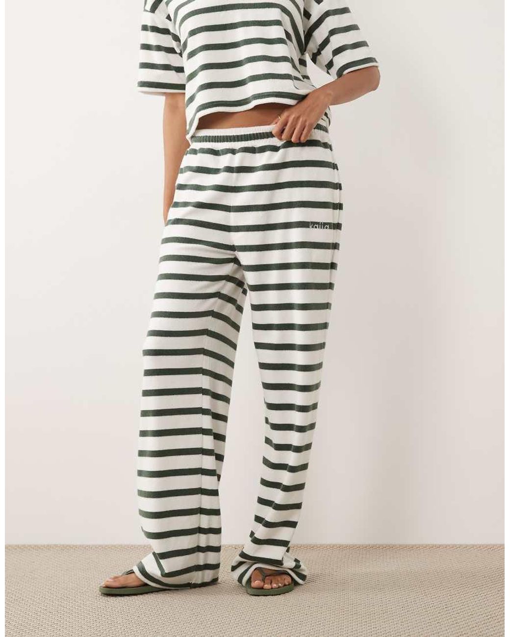 Kaiia White Exclusive Cotton Rich Embroidered Logo Wide Leg Towelling joggers Co-ord