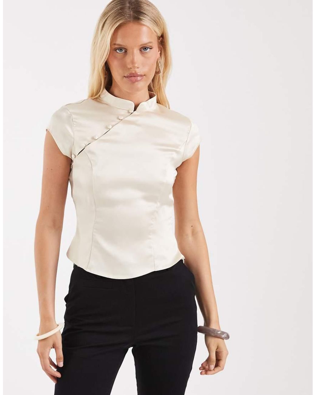 ASOS Natural Satin Mandarin Collar Button Through Top