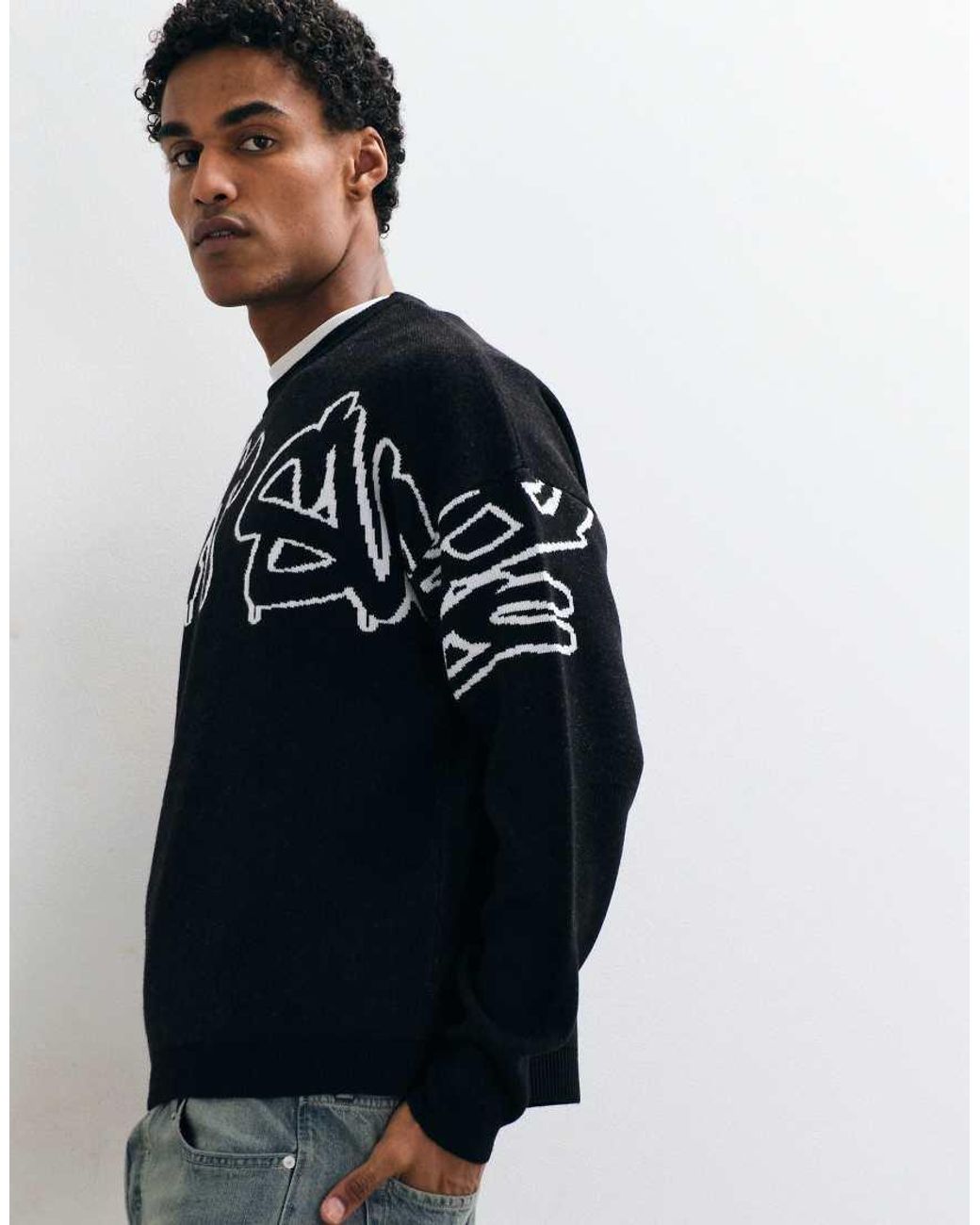 ASOS Blue Oversized Knitted Crew Neck Jumper With Back Print for men