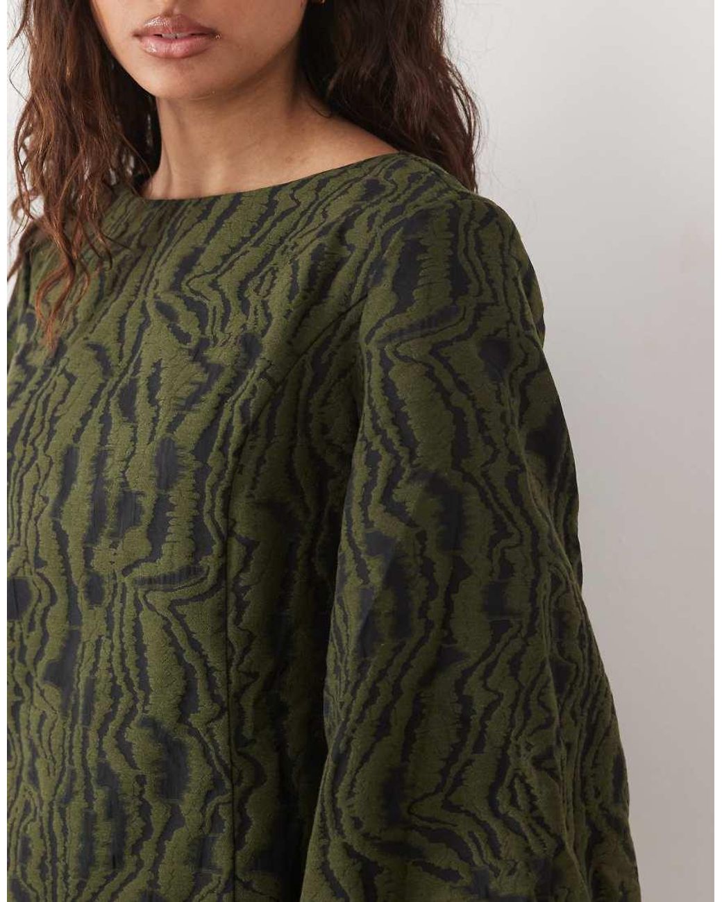 Y.A.S Green Volume Sleeve Slash Neck Jacquard Mini Dress