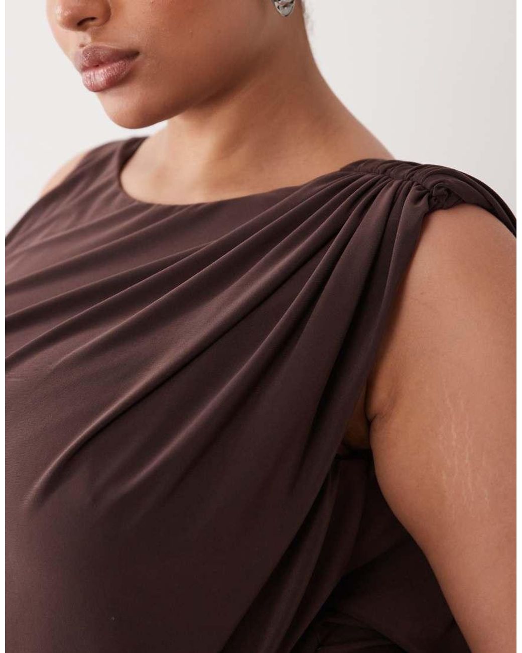 ASOS Brown Asos Design Curve Slinky Asymmetric Drape Maxi Dress With Cowl Back