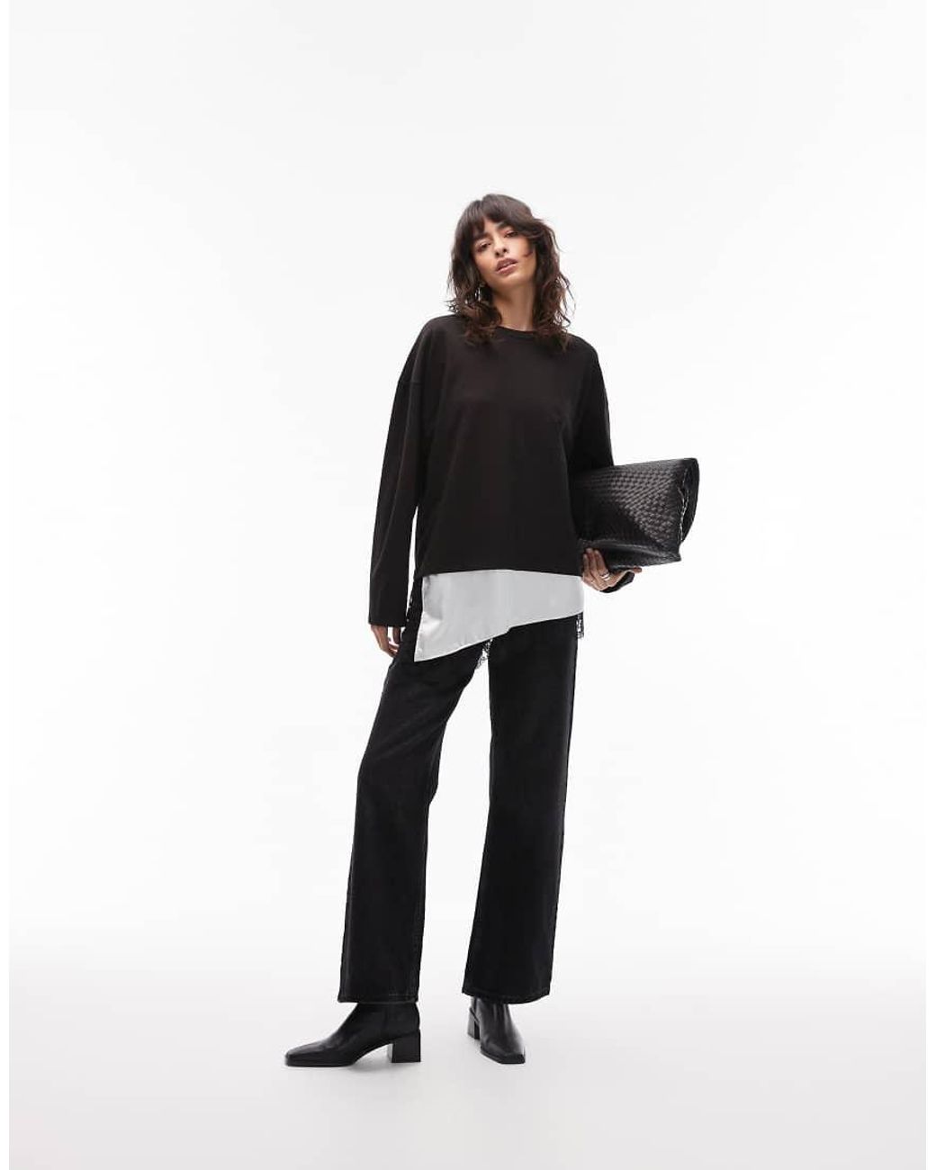 ASOS Black Long Sleeve T-Shirt With Lace Satin Asym Hem Detail