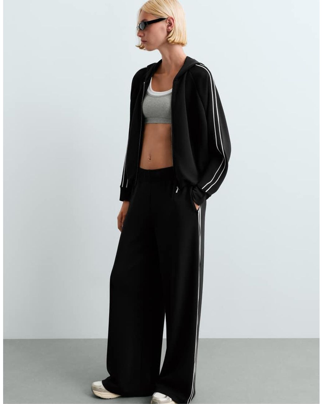 Oysho White Wide-Leg Modal Piping Trousers