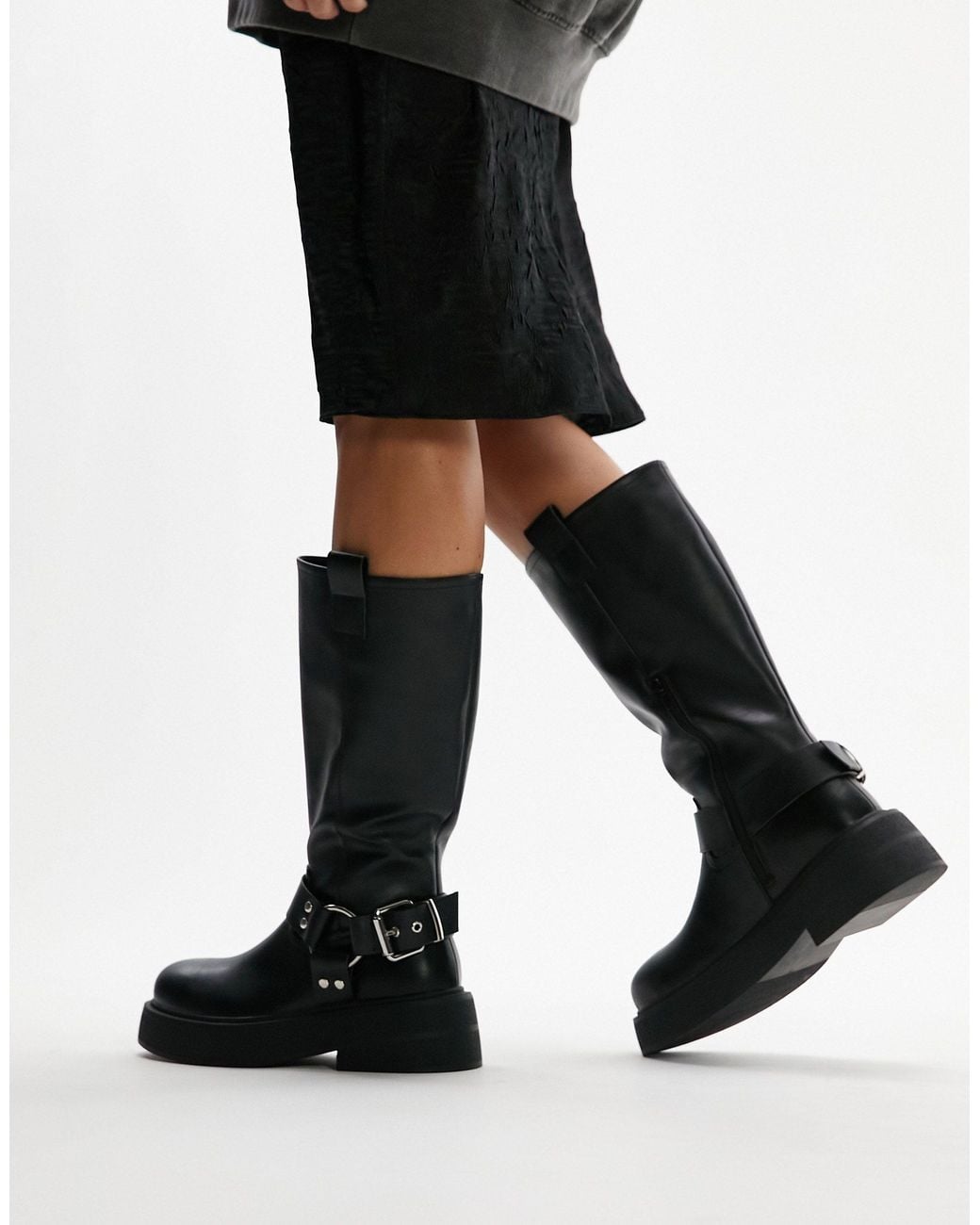TOPSHOP Rambo Chunky Biker Boot in Black | Lyst
