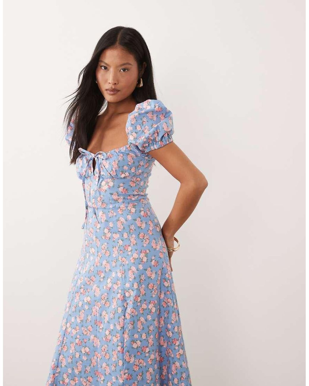 New Look Blue Floral Bouquet Milkmaid Midi Dress