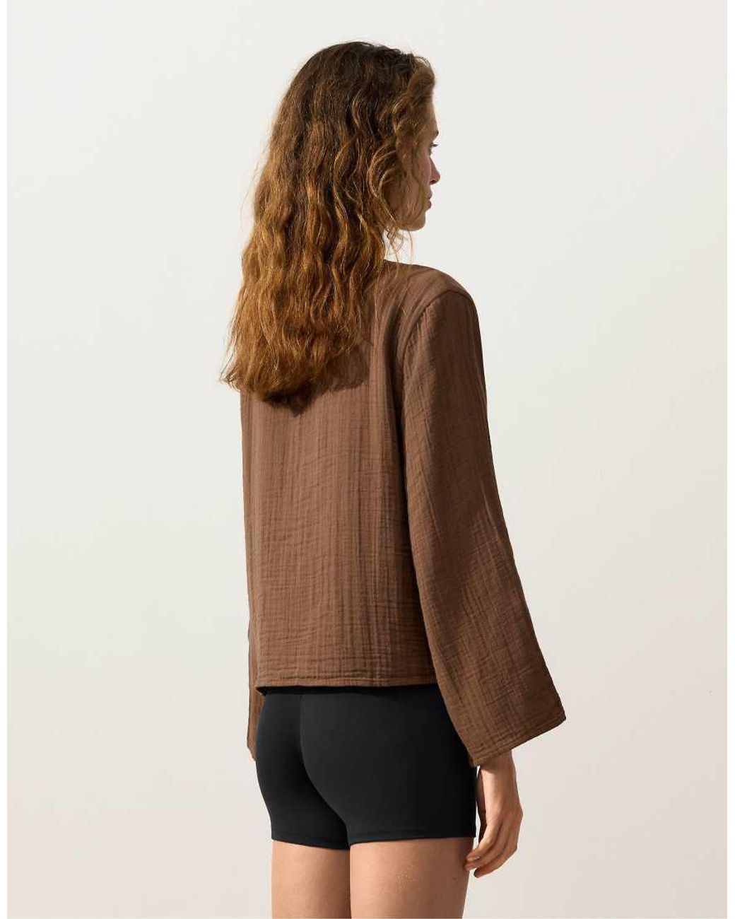 Oysho Brown Long-sleeved Shirt With Ties 100% Cotton