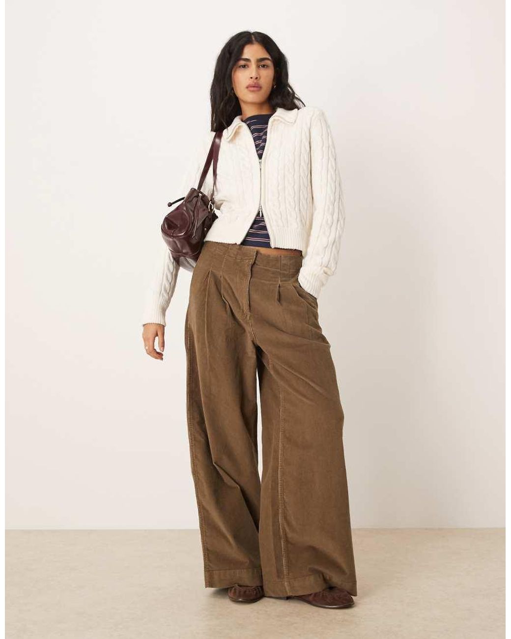 Abercrombie & Fitch Natural Cable Knit Full Zip Collared Cardigan