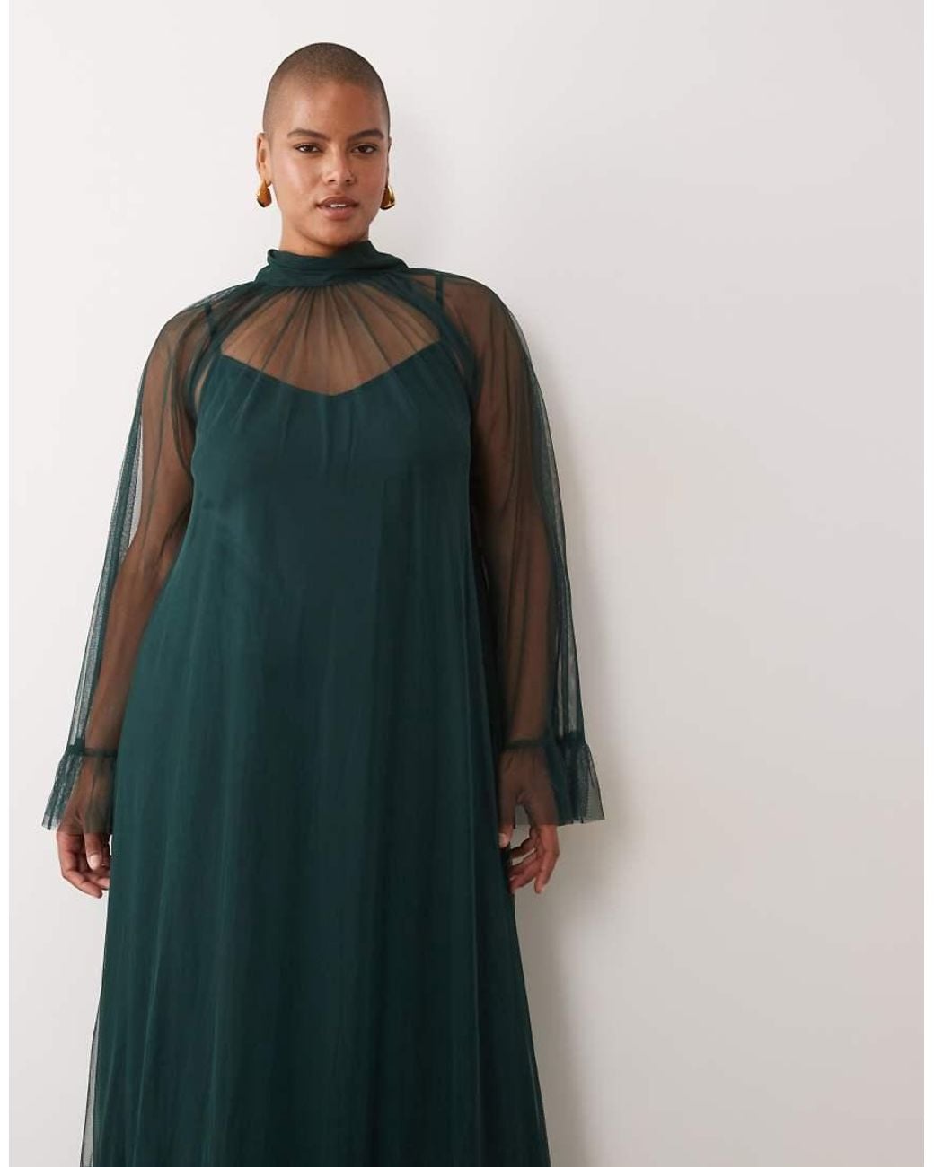 Lace & Beads Plus Green Sheer Tulle High Neck Bell Sleeve Ruffle Trim Maxi Dress