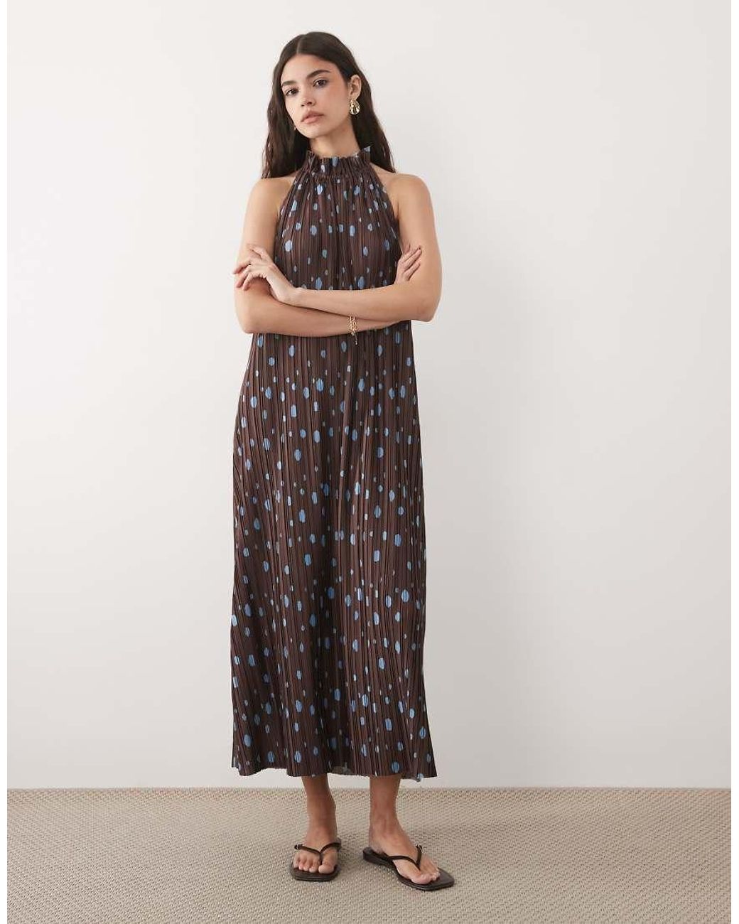 ASOS Brown Plisse Halterneck Midi Dress