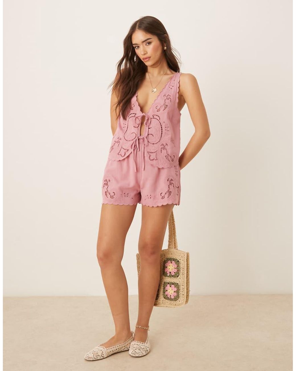ASOS Pink Blake Broderie Linen Blend Beach Waistcoat With Linen