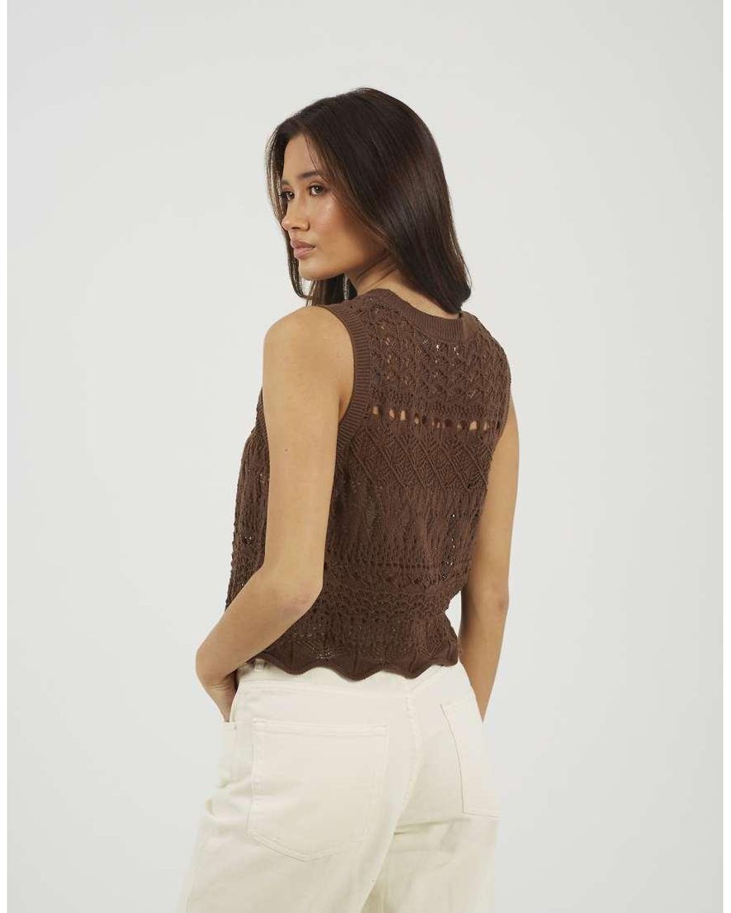Brave Soul Brown Crew Neck Pointelle Knit Tank