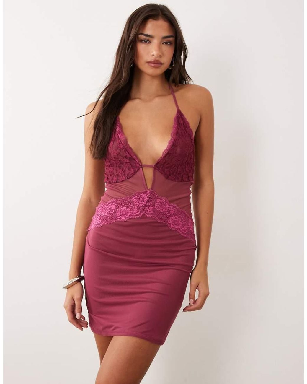 ASOS Red Lace And Mesh Mix Mini Plunge Bodycon Dress