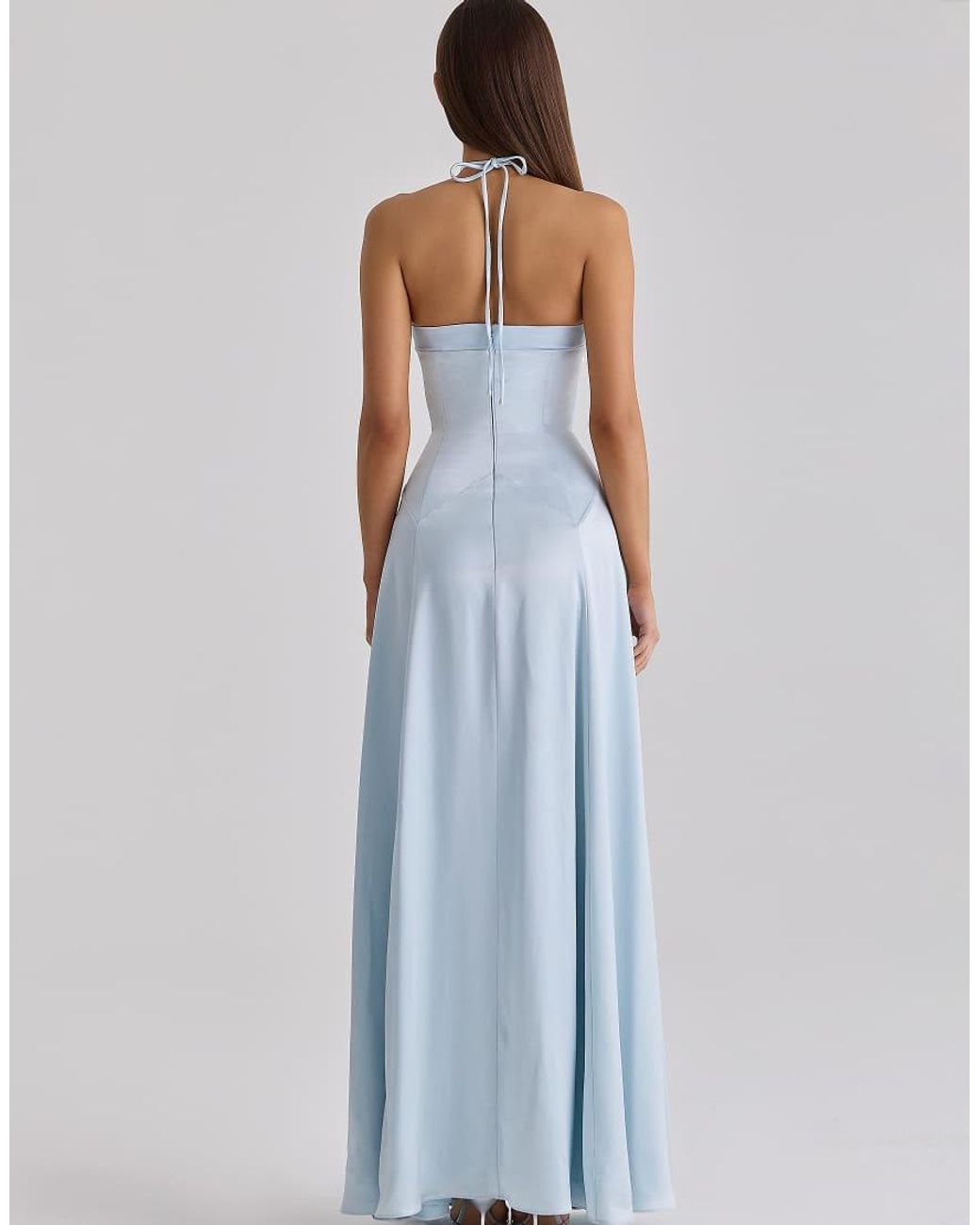 House Of Cb Blue Avelina Satin Halter Neck Godet Maxi Dress