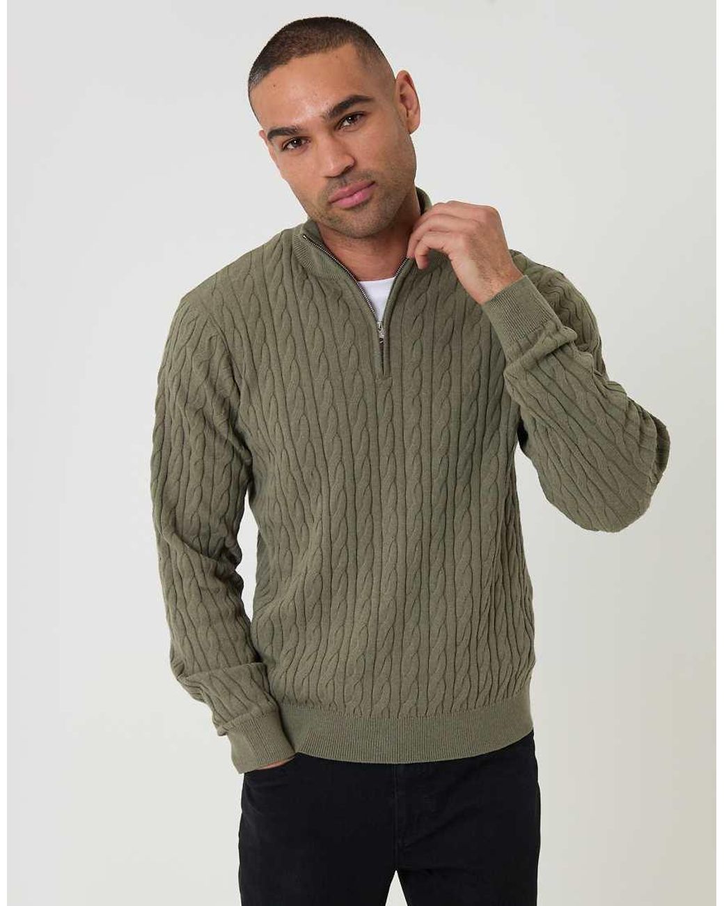 Threadbare Green Cable Knit Quarter Zip Jumper for men