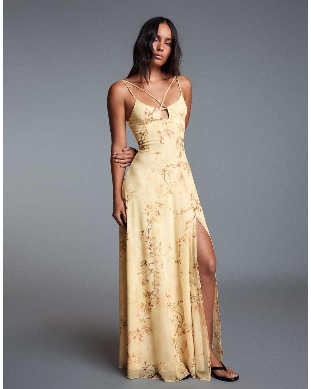 Bershka Yellow Strappy Floral Maxi Dress