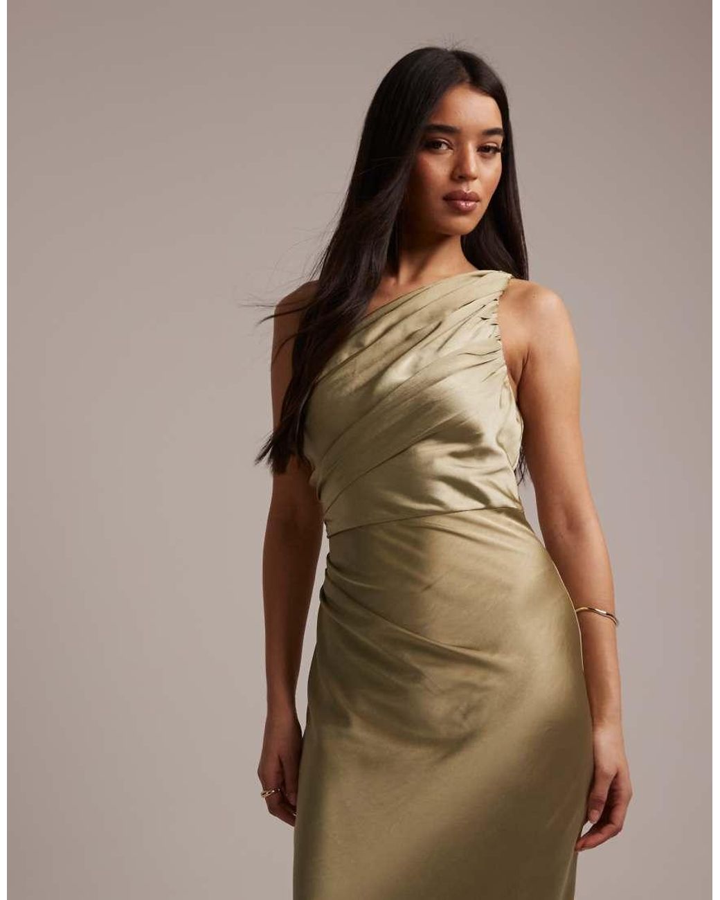 Pretty Lavish Natural Bridesmaids Juliet Satin Gathered One Shoulder Maxi Dress