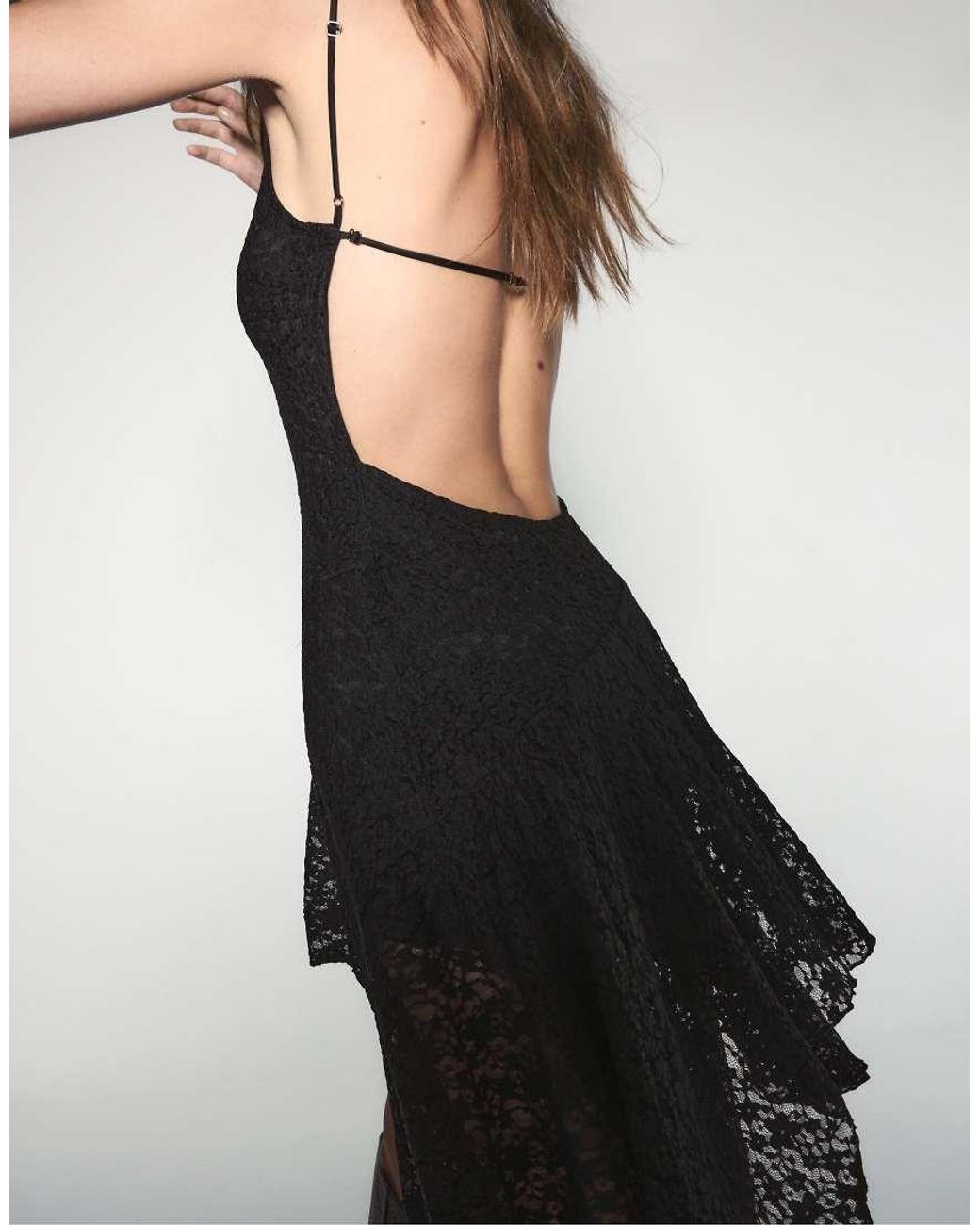 Stradivarius Black Asymmetric Lace Midi Dress