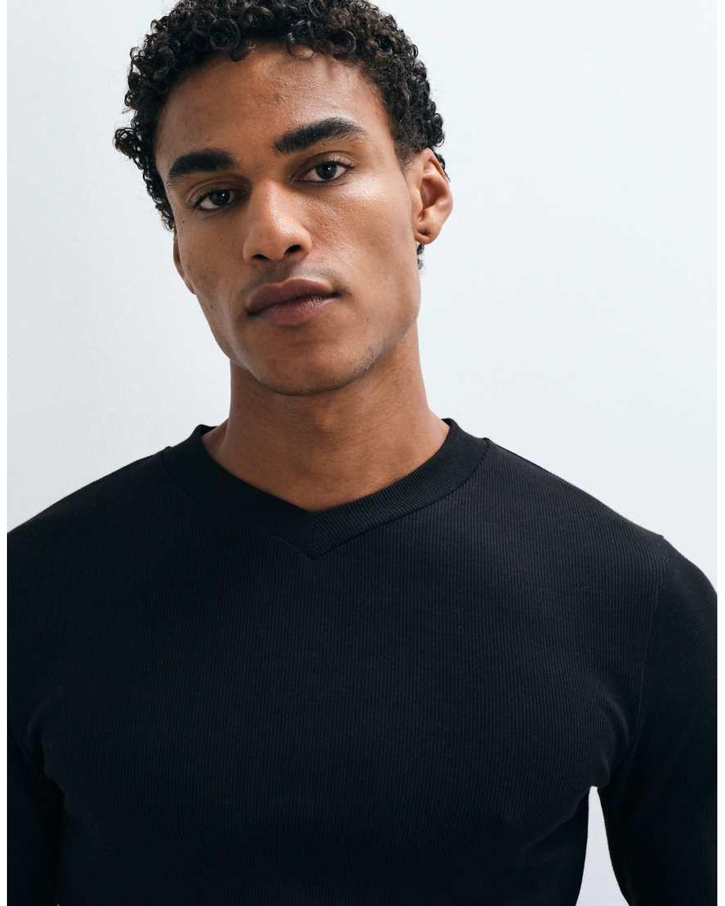 ASOS Blue Muscle Fit Long Sleeve High V-neck T-shirt for men