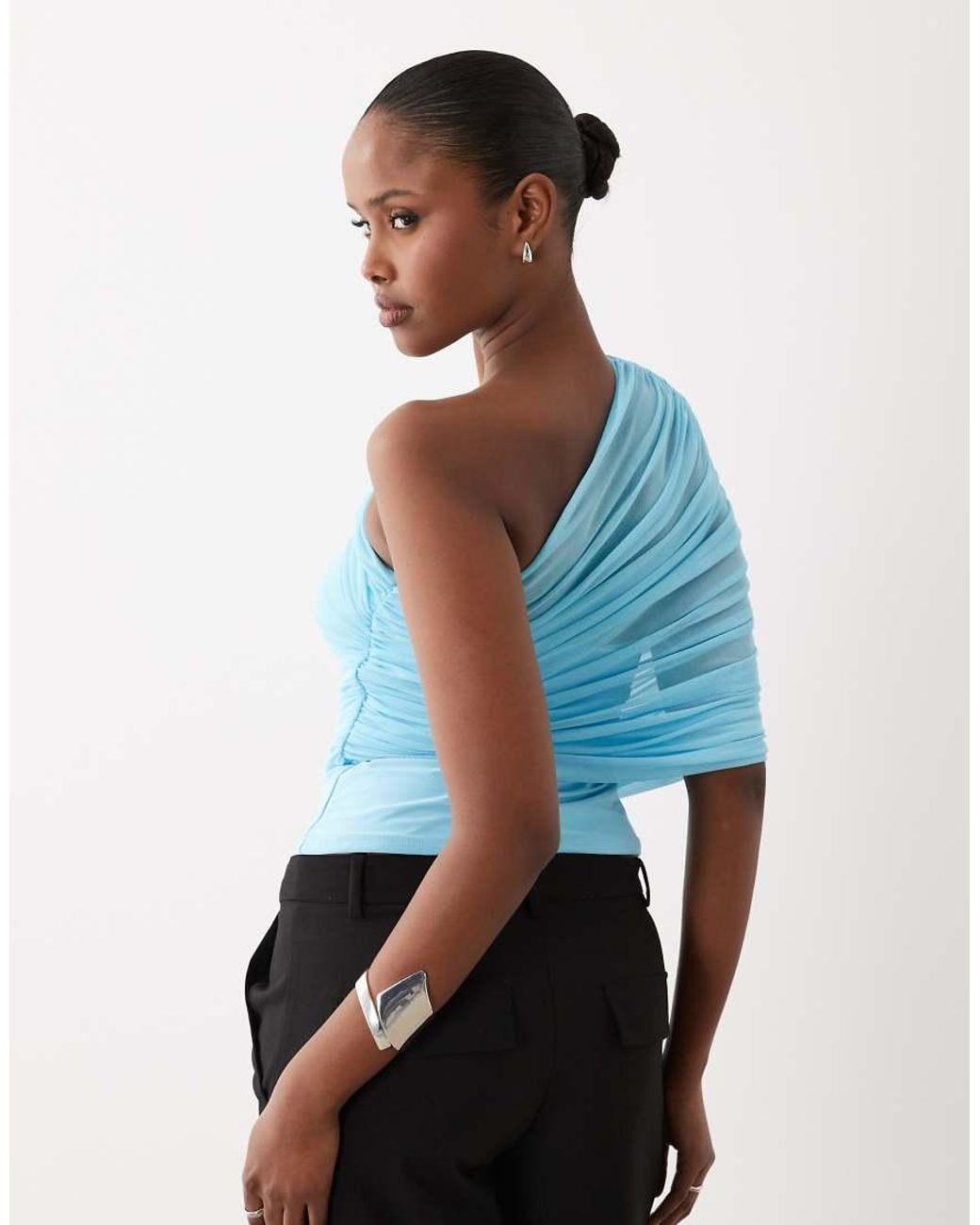 ASOS Blue Mesh One Shoulder Top With Ruching