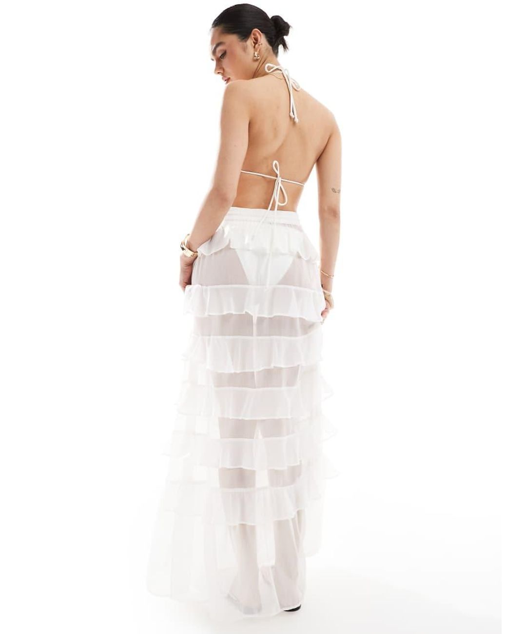 Miss Selfridge White Beach Chiffon Ruffle Tiered Maxi Skirt