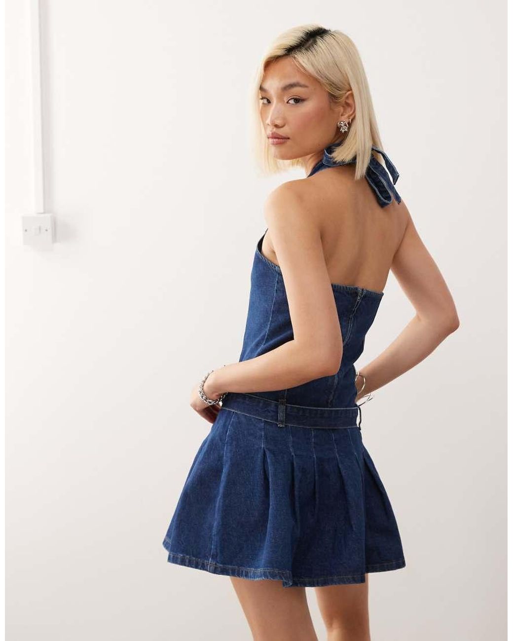 Collusion Blue 90s Denim Halter Mini Dress With Belt