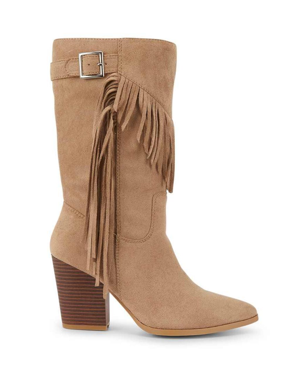 SEQWL Wide Fit Brown Western Cowboy Calf Boots Block Heel With Side Tassel Detail