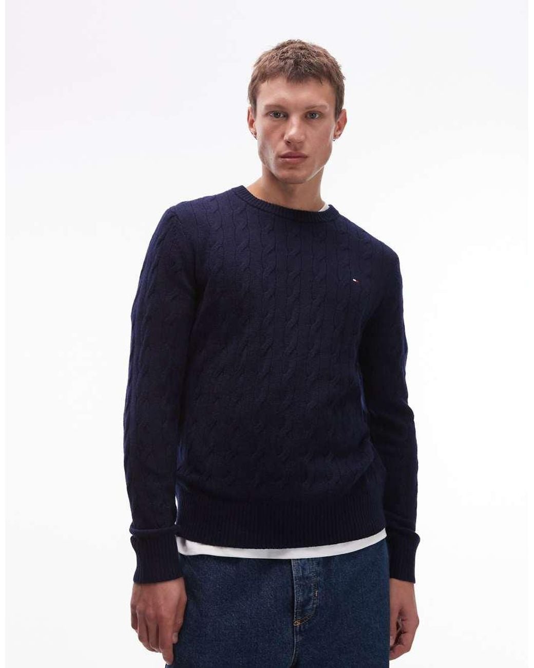Tommy Hilfiger Blue Lambswool Cable Knit Jumper for men