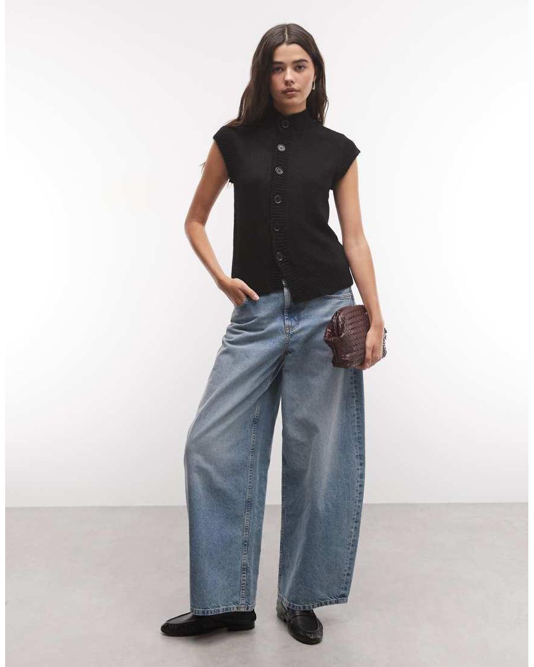 Collusion Blue Funnel Neck Button Knitted Top