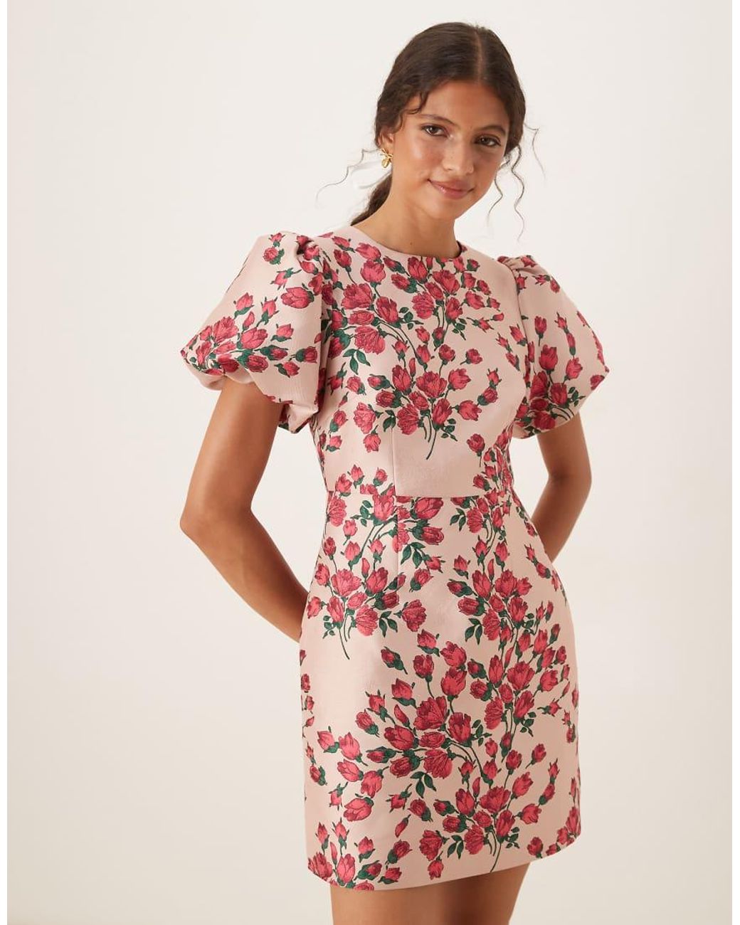 Maya Red Floral Short Puff Sleeve Mini Dress