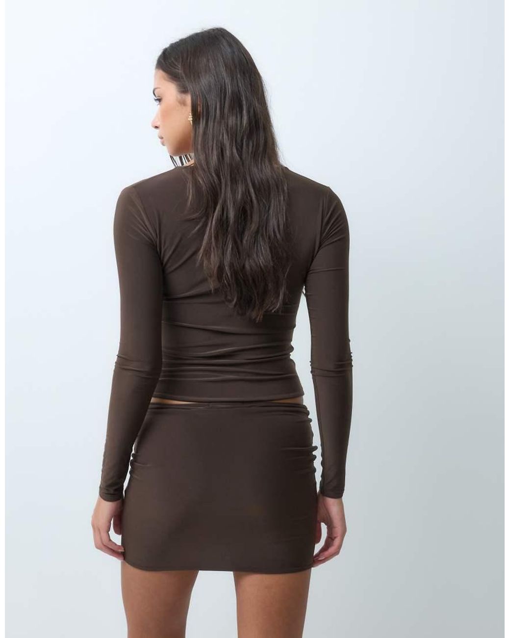 Kaiia Brown Exclusive Double Sculpted Slinky Ruched Side Mini Skirt Co-Ord