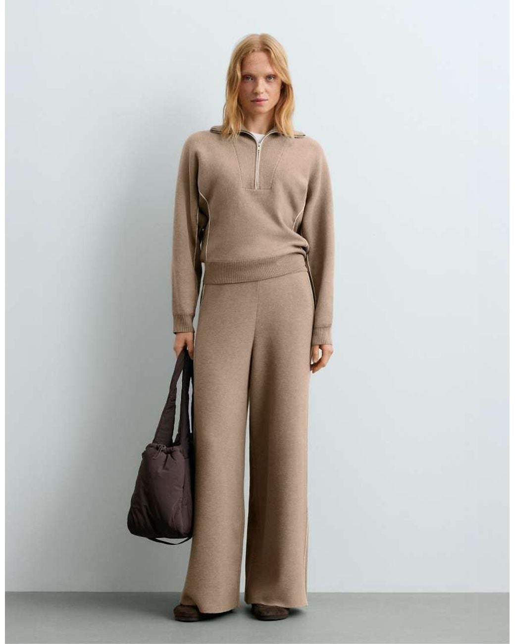 Oysho Brown Straight-Leg Knit Trousers With Rib Piping