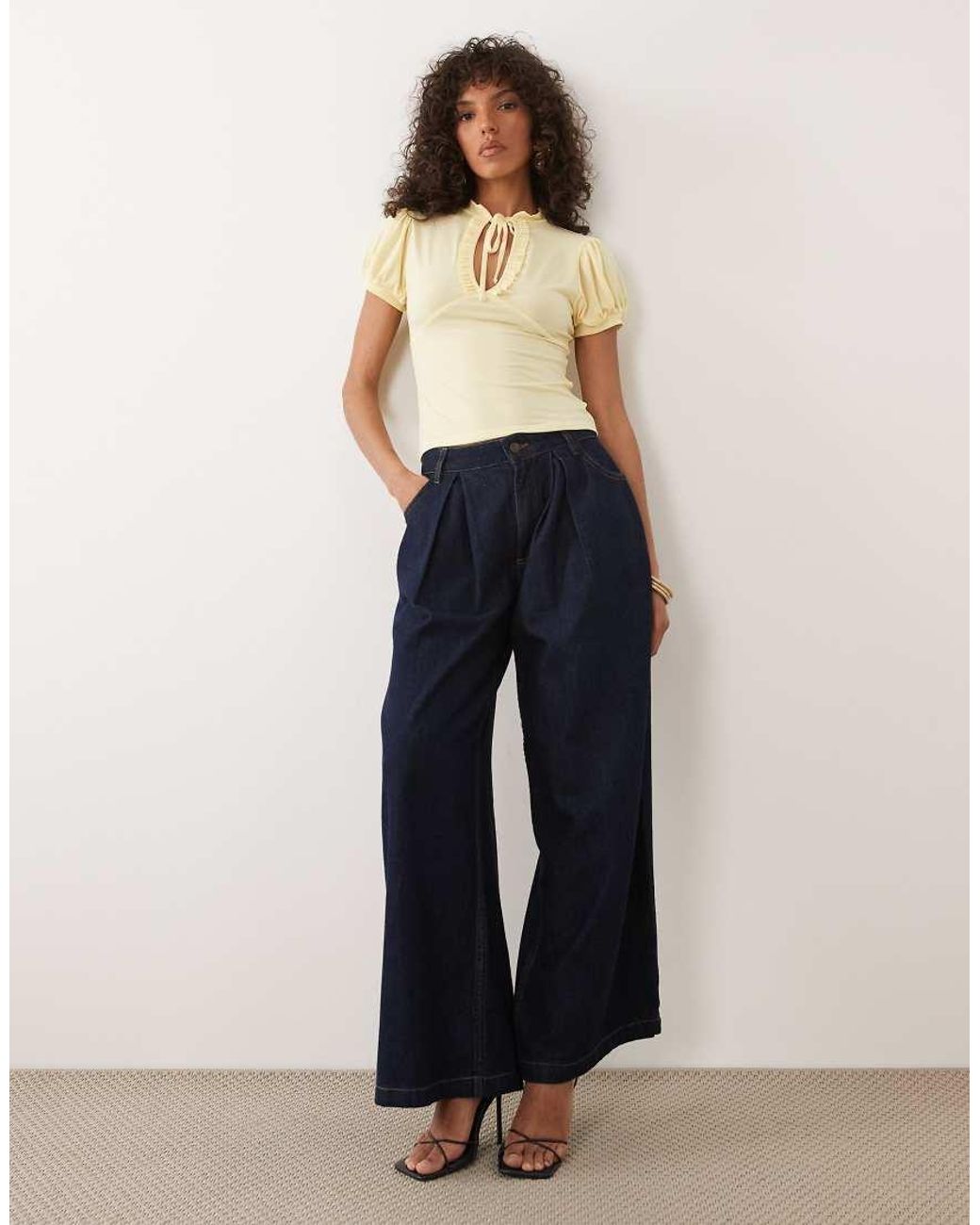 Miss Selfridge Blue Ruffled Keyhole Top With Mandarin Collar