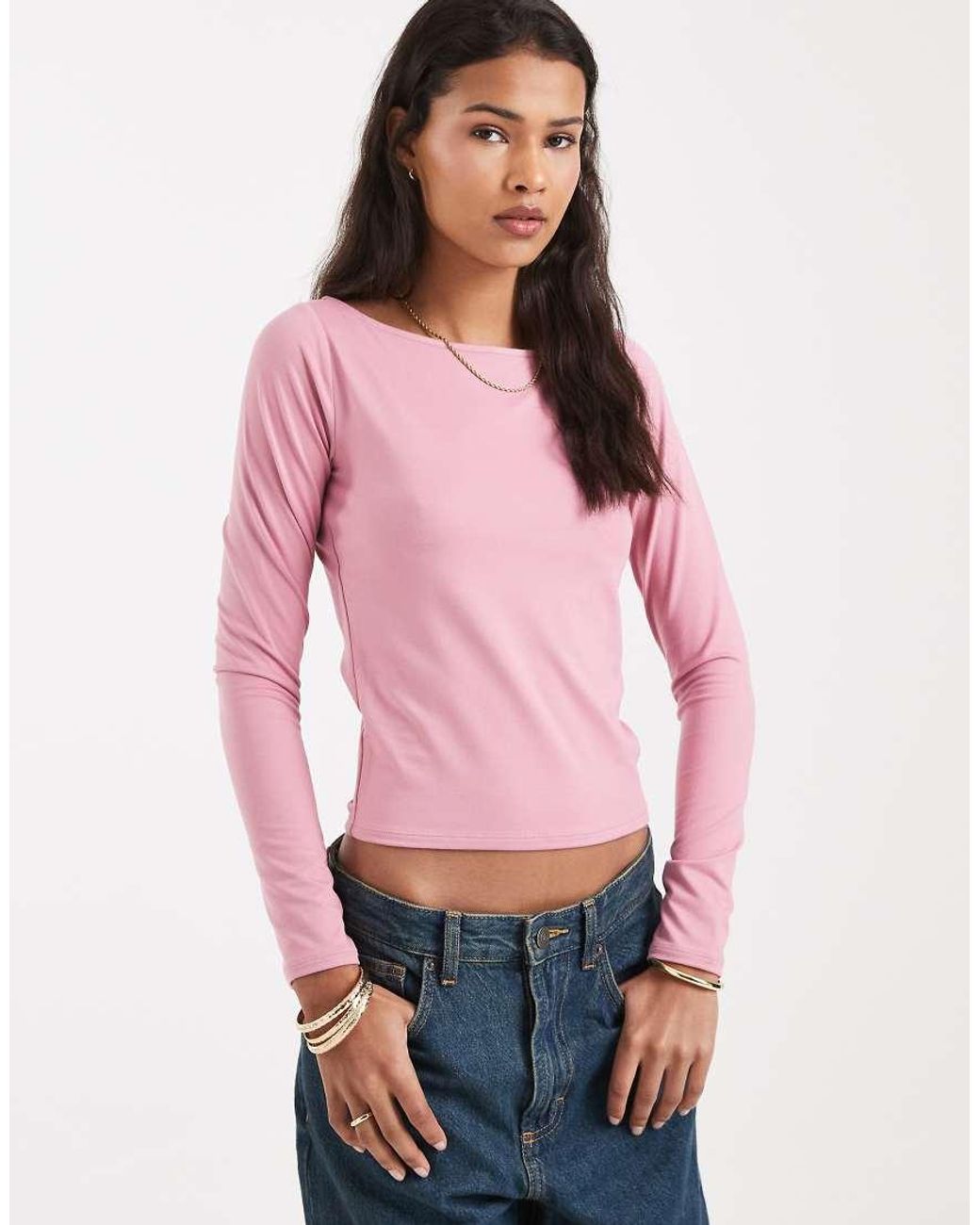 Hollister Pink Long Sleeve Slash Neck Seamless Top