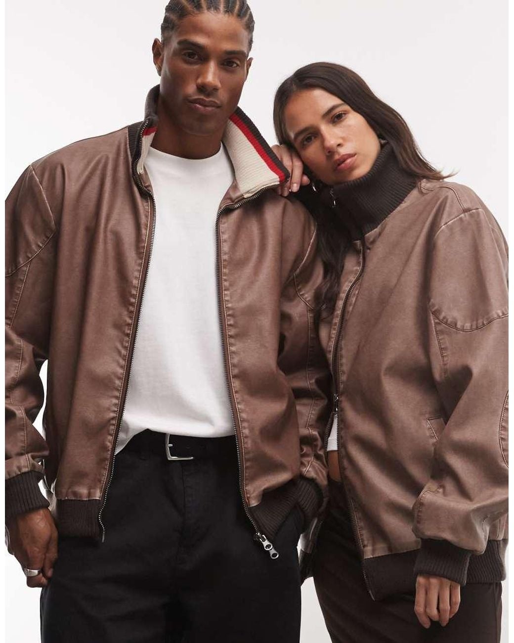 Reclaimed Vintage Brown Contrast Rib Collar Distressed Faux Leather Bomber